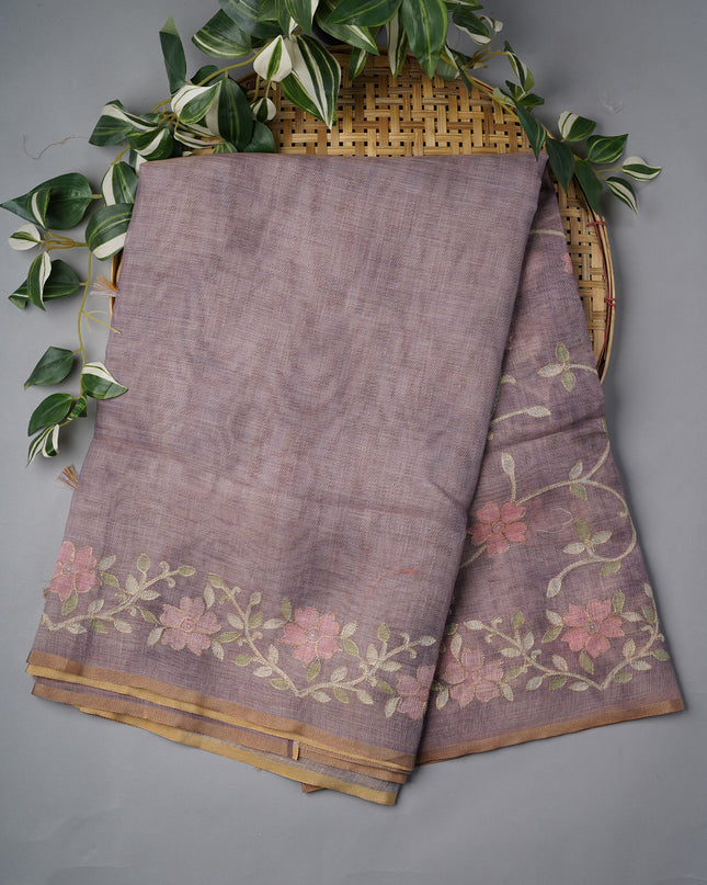 Tissue Linen Saree With Floral Print And Ari Work - Onion Pink