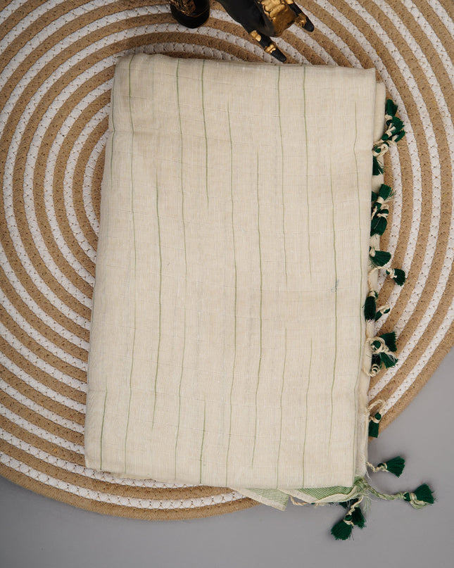 Mul cotton saree with stripes and contrast border - Off White