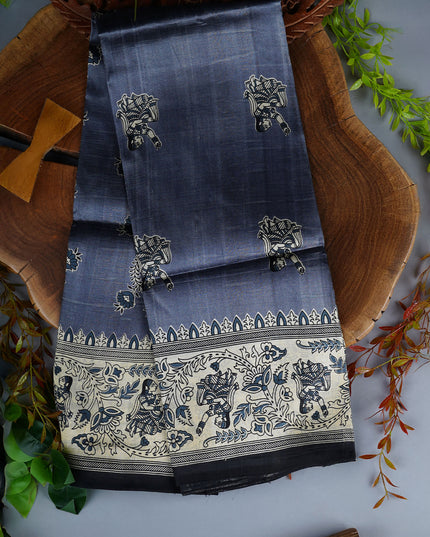 Pure Silk Saree with Floral Print and Contrast Border - Grey