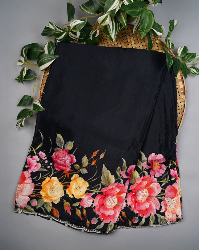 Crepe Saree With Floral Print Scallop Border Kardana Sequence Work - Black