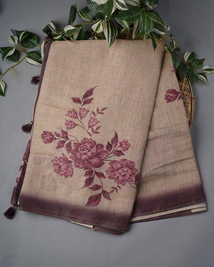 Tissue Linen Saree With Floral Print & Knot Work - Beige & Wine