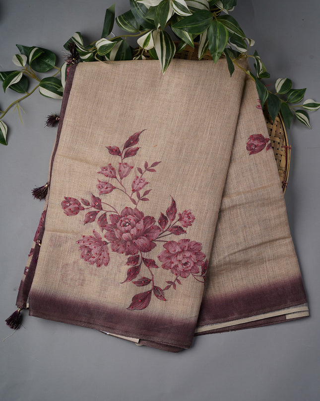 Tissue Linen Saree With Floral Print & Knot Work - Beige & Wine