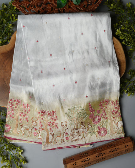 Tissue Crepe Saree with Thread Embroidery Work- Green