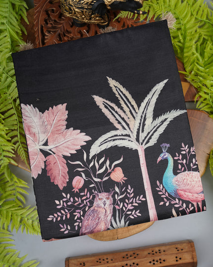 Tusser Silk With Digital Print Thread Border - Black