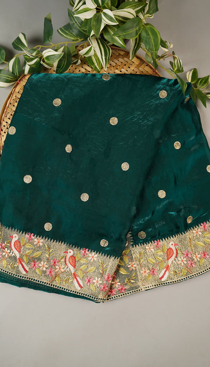 Soft Velvet Sarees With thread Embroidery Border - Bottle Green