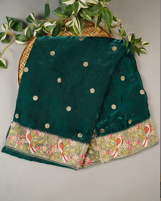 Soft Velvet Sarees With thread Embroidery Border - Bottle Green