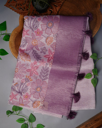 Soft Organza Saree with Gold and Silver Lines and Embroidery Thread Work- Lavender