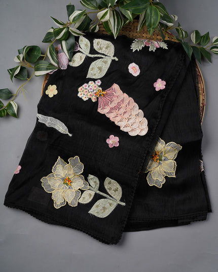 Tissue Organza Silk With Thread Embroidery Work & Lace Border - Black