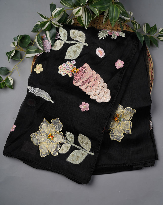 Tissue Organza Silk With Thread Embroidery Work & Lace Border - Black