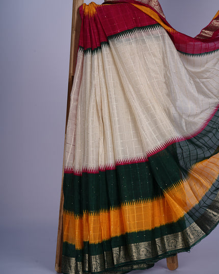 Chinon Silk Saree with Self Checks Dual Color & Zari Border