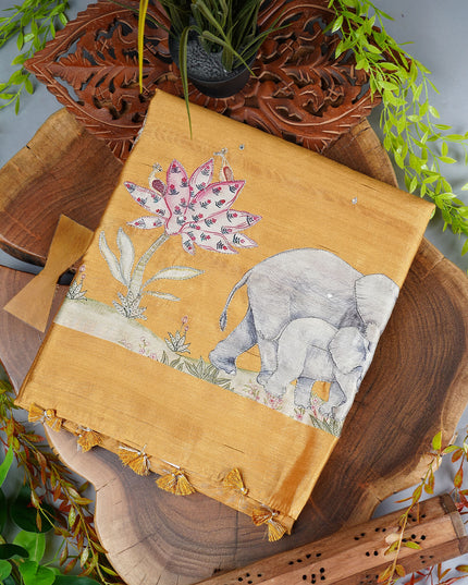 Tussar Silk Saree with Allover Mirror Work & Ari Work - Mustard