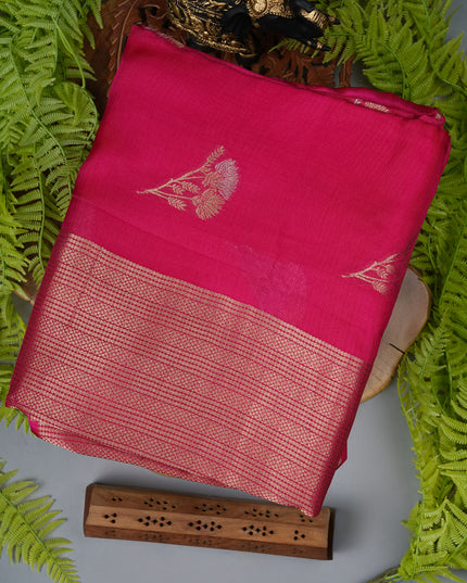 Silk Kota Allover Golden and Silver Zari Butties with Satin Border - Pink