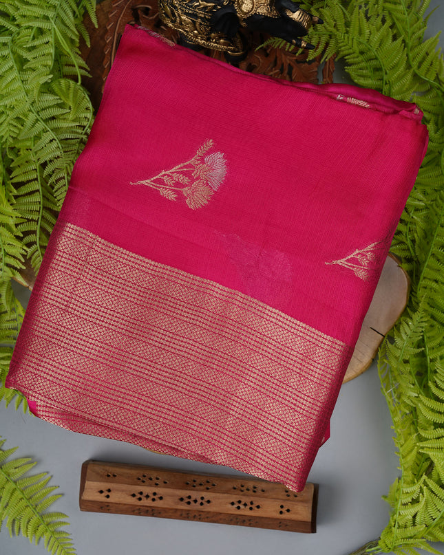Silk Kota Allover Golden and Silver Zari Butties with Satin Border - Pink