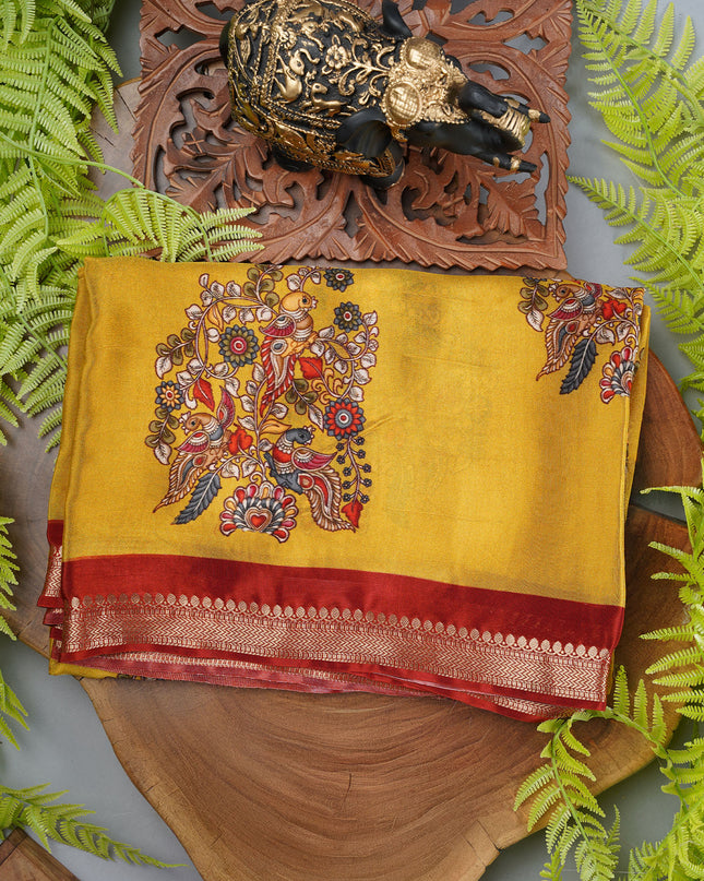 Binny Crepe Saree with kalamkari Print butties and contrast Border - Yellow
