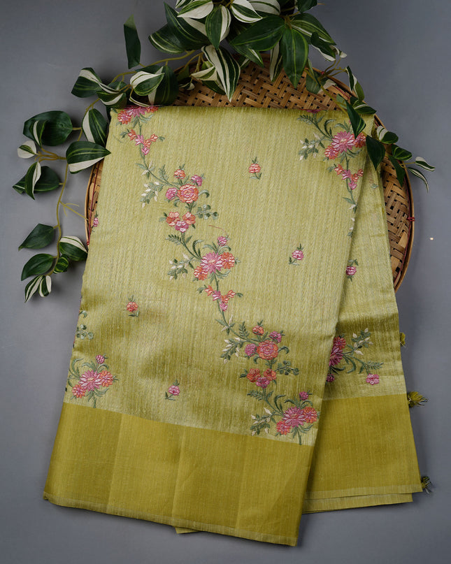Jute Tusser Silk Saree With Thread Embroidery Work And Satin Border - Pista Green