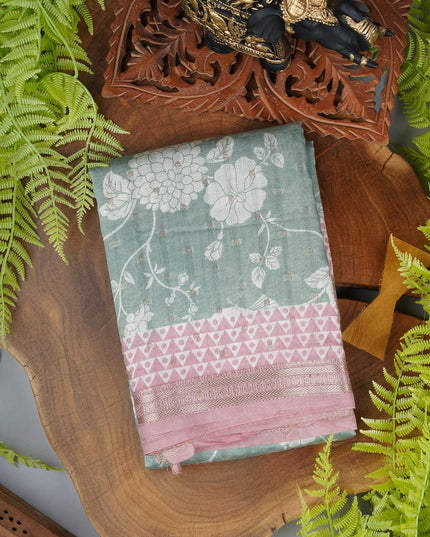 Muslin silk floral print golden butties with contrast border - Sea Green