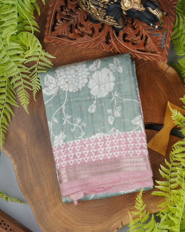 Muslin silk floral print golden butties with contrast border - Sea Green