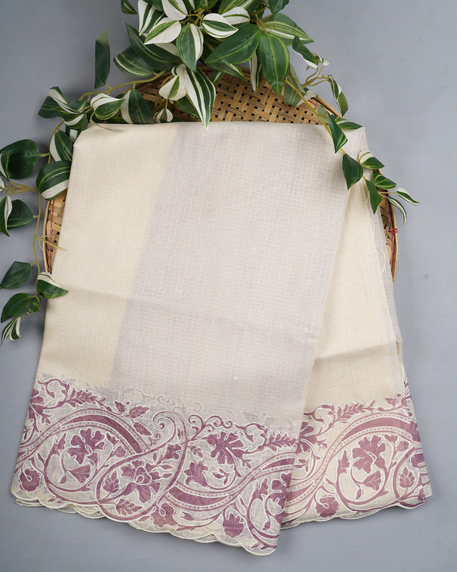 Kota Silk Saree Floral Print With Scallop Border - Cream & Lavender