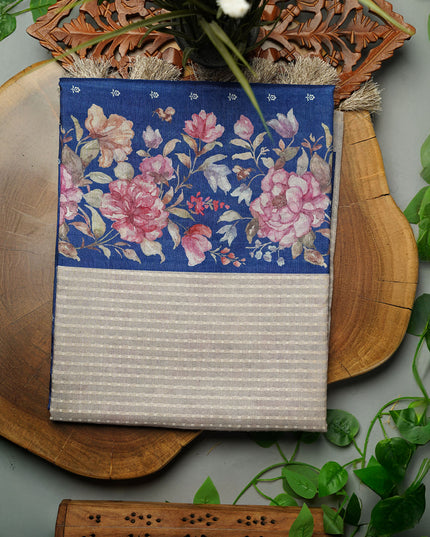 Tusser Silk Saree with Floral Print and Subtle Vertical Stripes and Small Delicate Motifs- Blue