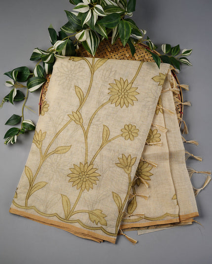 Tissue Lenin Saree with Floral Print and Thread Work- Cream and Green