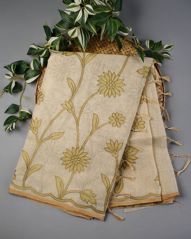 Tissue Lenin Saree with Floral Print and Thread Work- Cream and Green