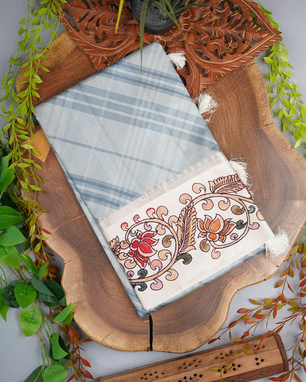 Semi Tusser Saree With Contrast Border - Sea Blue