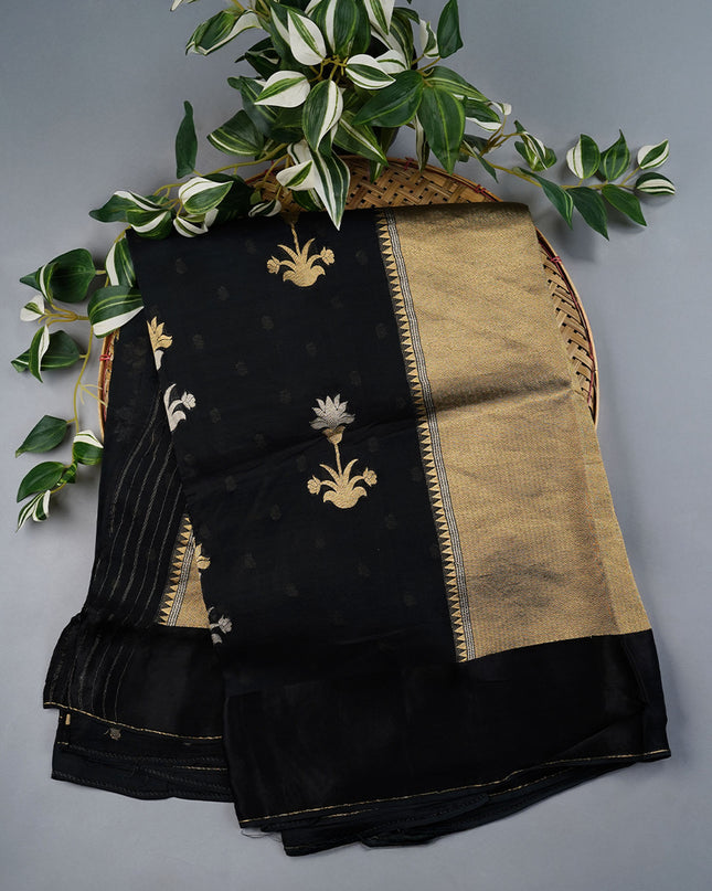 Kora Organza Silk Saree With Golden Silver Butties Satin Border - Black