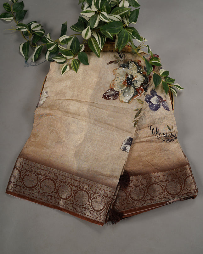 Semi Tusser Floral Butties Kardana Sequence Work With Kanchi Border - Light Brown