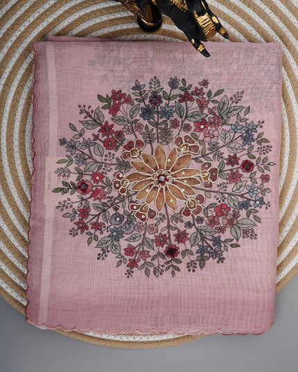 Tissue linen saree with floral Butties And Dori work With scallop border - Baby Pink