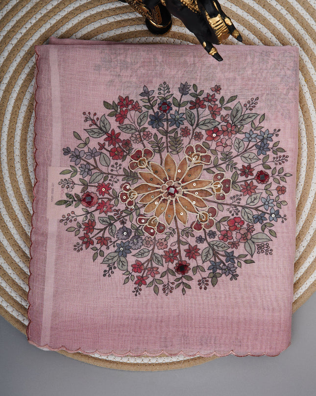 Tissue linen saree with floral Butties And Dori work With scallop border - Baby Pink