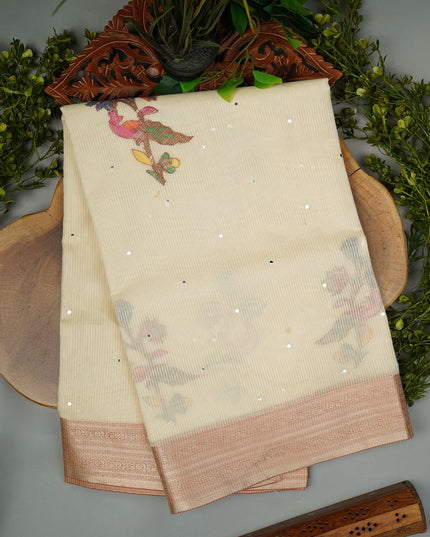 kota Chanderi Saree with Mirror and Applique Work Contrast Border- Peach