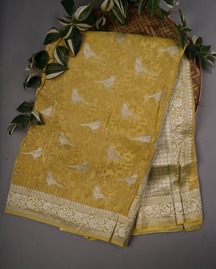 Tissue Banarasi Silk with All Over Self Weaving with Light Gold Zari Border - Lemon Yellow