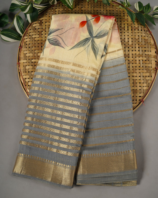 Monga Silk Digital Print Golden Zari Kaddi Border - Grey