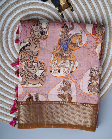 muslin silk saree with Kalamkari print and golden zari border - Rust Brown