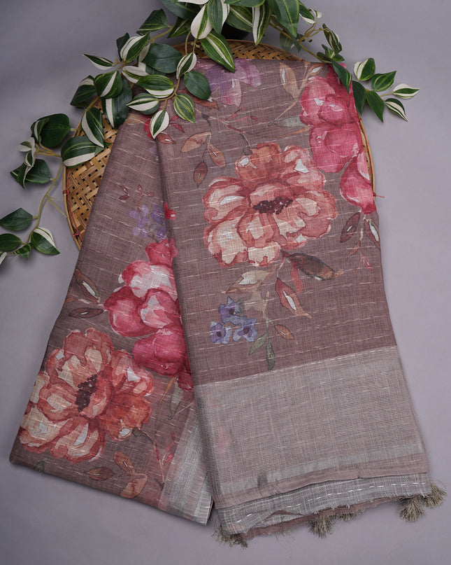Lenin Silk Floral Pallu with Silver Zari Border