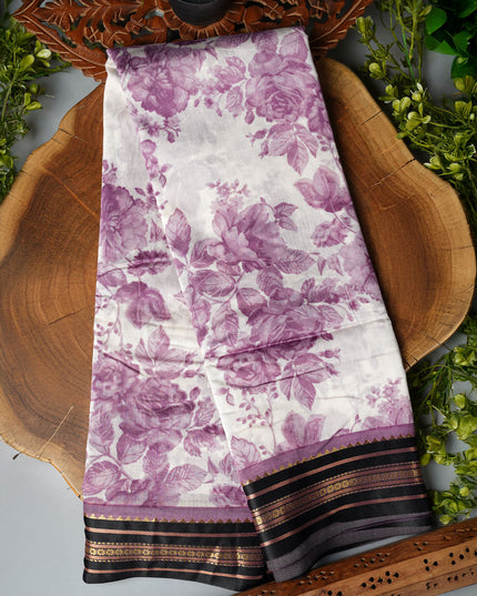 Managalagiri Silk Saree with floral Print and Contrast Border- Lavender