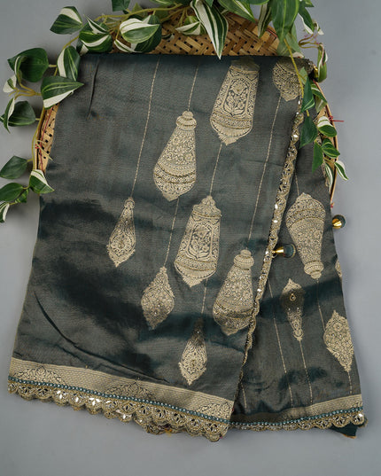 Tissue Banaras Silk With Kardhana Stone Work And Scallop Border - Bottle Green