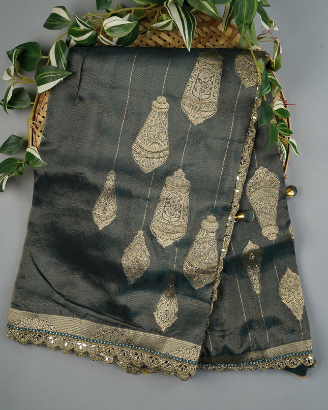 Tissue Banaras Silk With Kardhana Stone Work And Scallop Border - Bottle Green