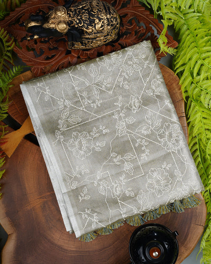 Tissue kota saree with thread work and silver border - Olive Green