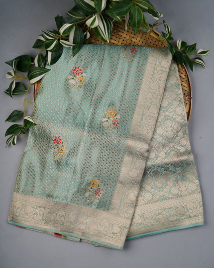 Tissue Banarasi Silk Saree With Meenakari Butties & Gold Zari Border - Sea Green