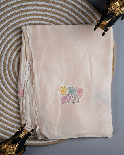 Tissue crape saree with Kardhana and Pearl Work butties and scallop border - Half White