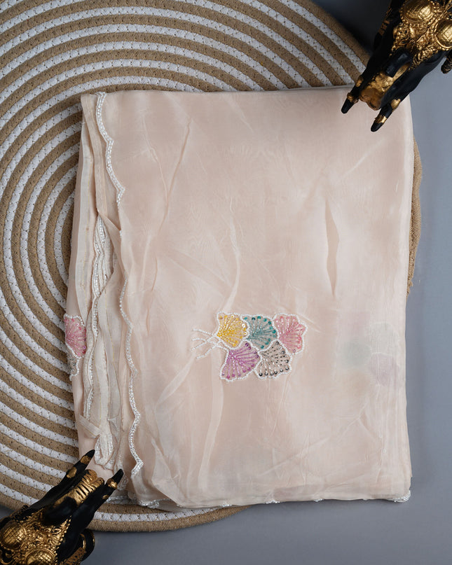 Tissue crape saree with Kardhana and Pearl Work butties and scallop border - Half White