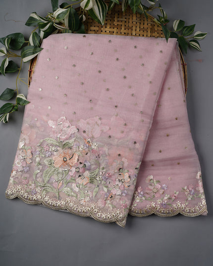 Soft Tissue Organza Silk With Thread Embroidery Scallop Border With Sequence Butties - Pink