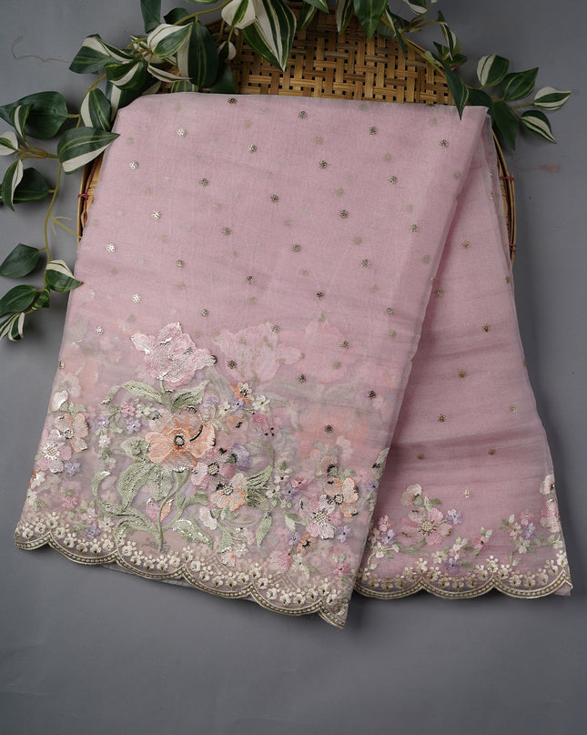 Soft Tissue Organza Silk With Thread Embroidery Scallop Border With Sequence Butties - Pink