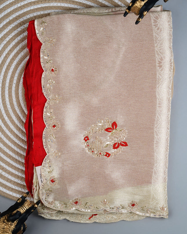 Munga banarasi silk saree with Embroidery work and scallop border - Beige