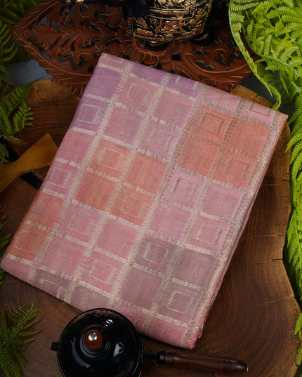 Chinon crape silk multi color check weaving design - Peach