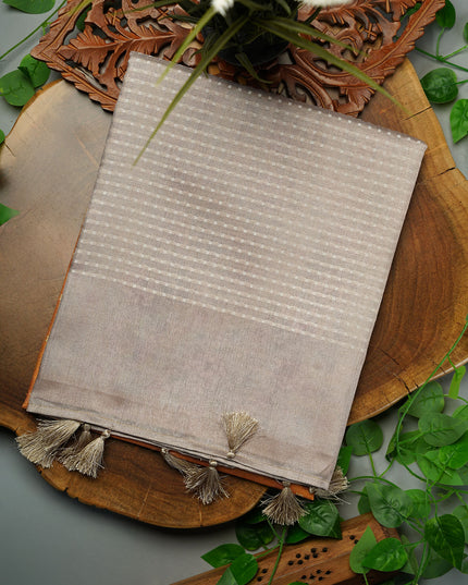 Tusser Silk Saree with Floral Print and Subtle Vertical Stripes and Small Delicate Motifs- Yellow