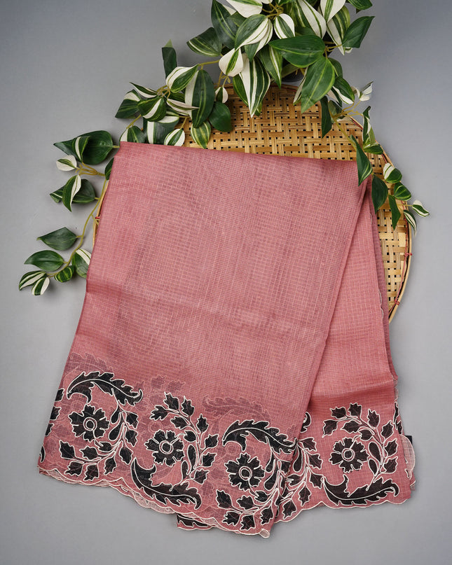 Kota Silk Saree With Floral Print & Ari Work Scallop Border - Mauve