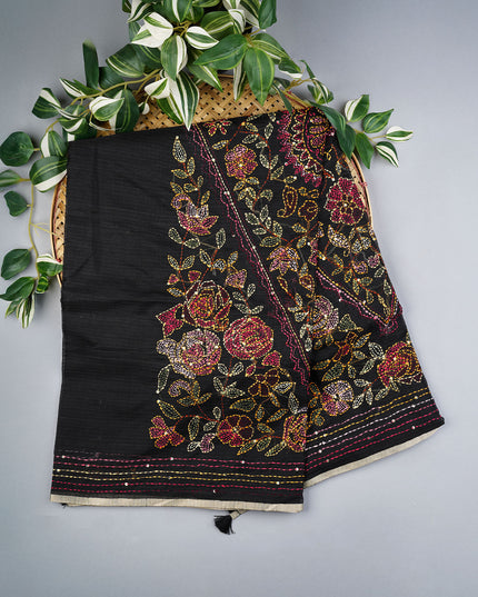 Kota Silk Saree with Kantha Work- Black