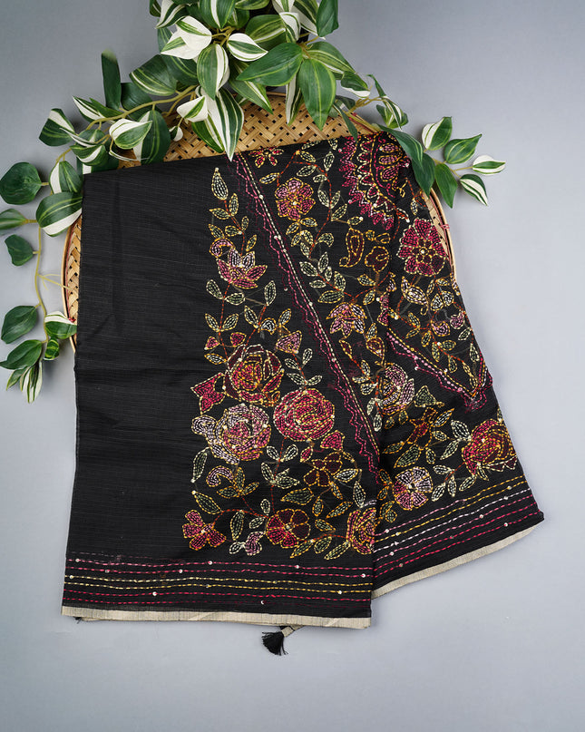 Kota Silk Saree with Kantha Work- Black